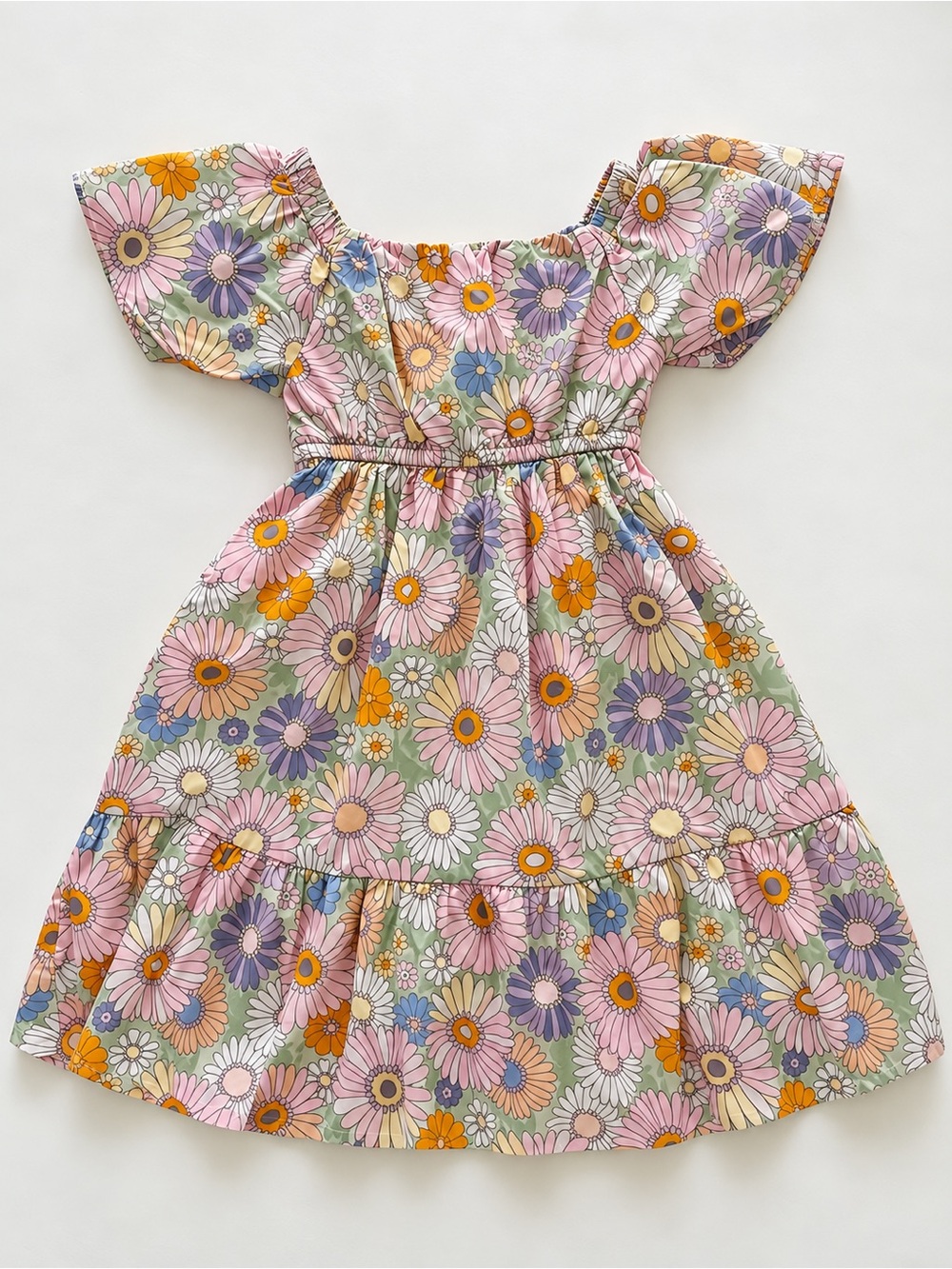H&M Pastel Floral Puff-Sleeve Dress in Pink, Purple, Green, Orange